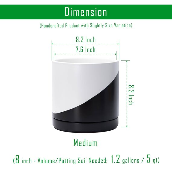 D'vine Dev 21,6 cm Keramik-Pflanztopf mit Ablaufloch und Untersetzer, Zylinder, runder Pflanztopf für den Innenbereich, schräg monochrom schwarz und weiß, 94-O-D-K