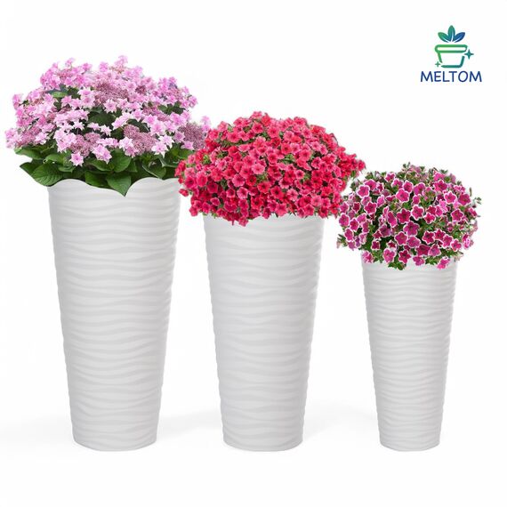 MELTOM Blumentopf Welle Slim Blumenkübel Rund Einsatz Pflanzgefäß 3D Effekt in Weiß Set 3: XL XXL 3XL