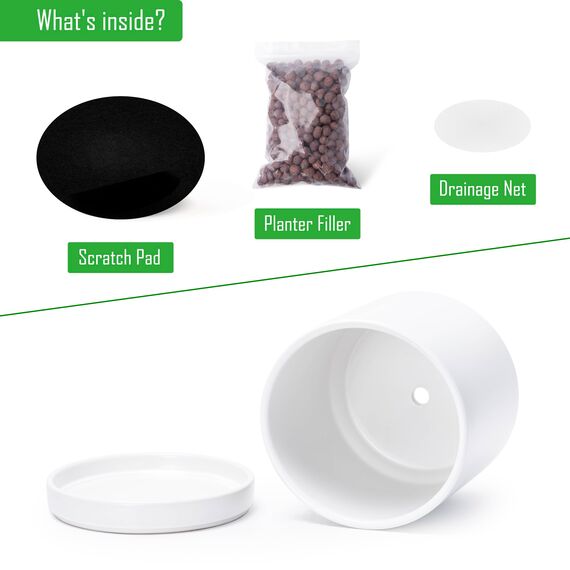 D'vine Dev 94-O-D-1 Keramik-Blumentopf mit Ablaufloch und Untersetzer, zylinderförmig, runder Blumentopf für den Innenbereich, Weiß, 20,3 cm