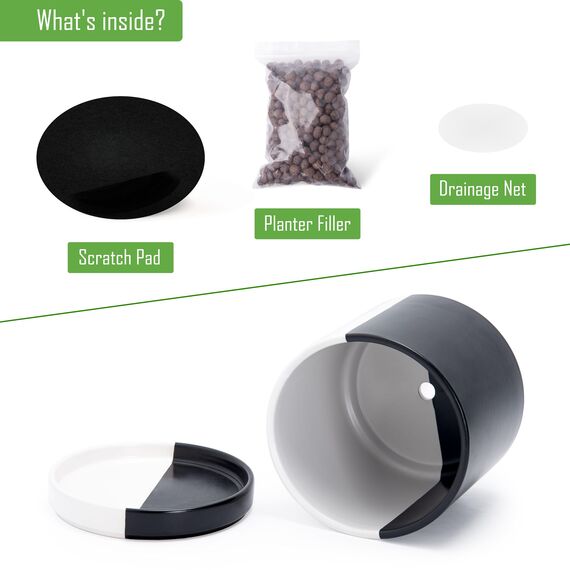 D'vine Dev 94-O-D-0 Keramik-Pflanztopf mit Ablaufloch und Untersetzer, zylinderförmig, rund, geteilt, einfarbig, Schwarz und Weiß, 21,6 cm