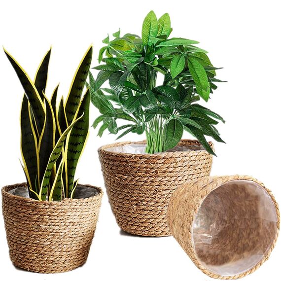 Sayiant Natürlicher Pflanzkorb handgewebter Blumentopf mit Liner Rattan Pflanzen gewebte Blumenkörbe, klein, mittel, groß, 2 Stück (3 Stück (s,m,l))