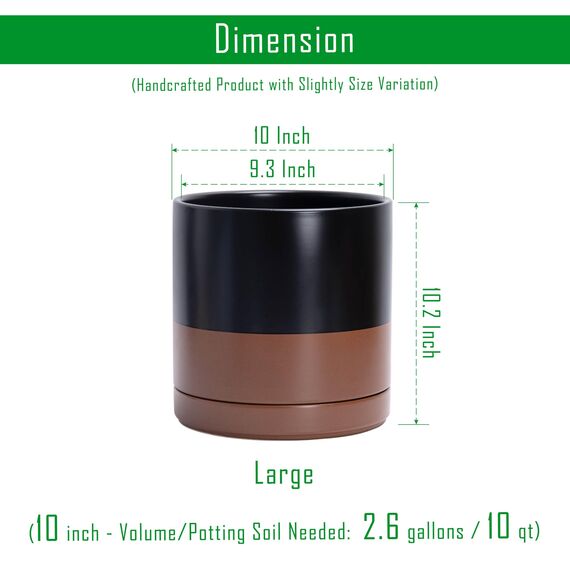 D'vine Dev 94-O-E-7 Keramik-Blumentopf mit Ablaufloch und Untersetzer, zylinderförmig, runder Blumentopf für den Innenbereich, Schwarz/Hellbraun gesprenkelt, 25,4 cm
