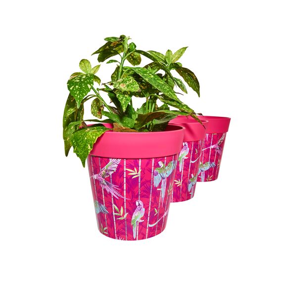 Hum Flowerpots, 22 cm, 3er-Set, in Verschiedenen Farben und Mustern, Blumentöpfe aus Kunststoff für Drinnen und Draußen, Rosa Papageien