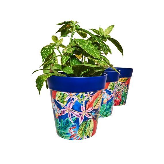 Hum Flowerpots, 22 cm, 3er-Set, in Verschiedenen Farben und Mustern, Blumentöpfe aus Kunststoff für Drinnen und Draußen, Blaue Blätter