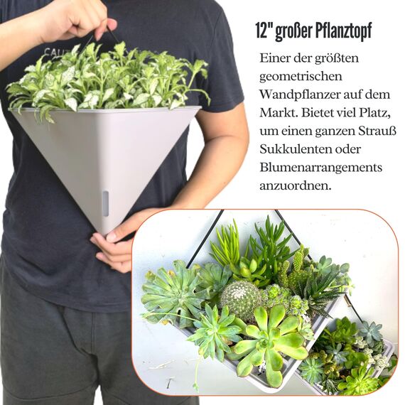 LaLaGreen Wand-Pflanzgefäße für Zimmerpflanzen – 4 Stück, 30.5 cm, groß, selbstbewässernd, grau, geometrisch, hängende Blumenvase, Gefäß mit Metallaufhänger, Sukkulenten-Topflappen, Dekor