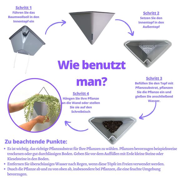 LaLaGreen Sukkulenten-Wand-Pflanzgefäße – 2 Stück, 30.5 cm groß, selbstbewässernd, Wandbehang, Pflanzgefäße für Zimmerpflanzen, graue Wandhalterung, schwarzer Metallaufhänger, wohnende Wanddekoration