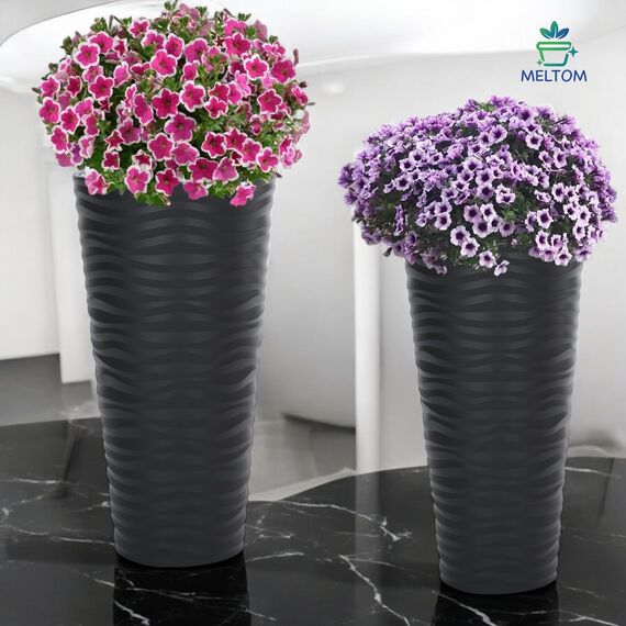 MELTOM Blumenkübel 3D Effekt Welle Slim Rund Einsatz Pflanzgefäß Set 3: XL XXL 3XL Anthrazit