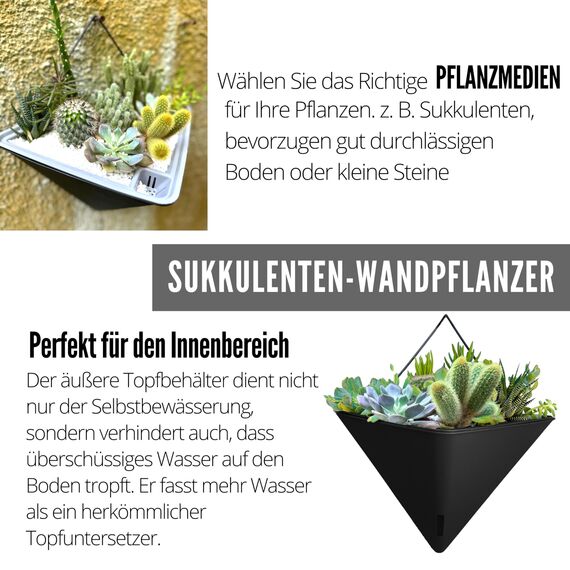 LáLáGreen Wand-Pflanzgefäße für Zimmerpflanzen – 2 Stück, 30,5 cm groß, selbstbewässernd, schwarz, geometrisch, hängende Blumenvase, Gefäß mit Metallaufhänger, modern, stilvoll, zur Wandmontage,