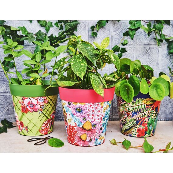 Hum Flowerpots, 22 cm, 3er-Set, in Verschiedenen Farben und Mustern, Blumentöpfe aus Kunststoff für Drinnen und Draußen, Mehrfarbiges Blumenmuster