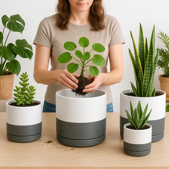 D'vine Dev 94-T-L-6 Runde Keramik-Pflanztöpfe mit Ablaufloch und Untersetzer, 15,2 cm, 20,3 cm und 25,4 cm, Weiß gesprenkelt Grau, 3 Stück