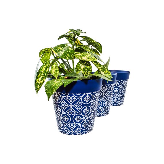 Hum Flowerpots, 22 cm, 3er-Set, in Verschiedenen Farben und Mustern, Blumentöpfe aus Kunststoff für Drinnen und Draußen, Blau Marokkanisch