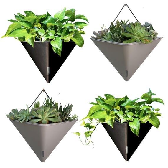LáLáGreen Wand-Pflanzgefäße – 4 Stück, 30,5 cm, groß, selbstbewässernd, schwarz und grau, gemischte Farben, geometrisch, vertikal, Garten, Wandbehang, Blumenvase, Gefäß mit schwarzem Metallaufhänger,