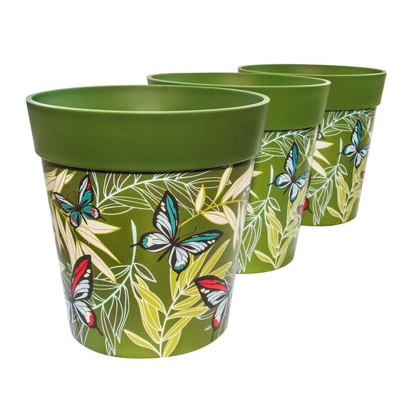 Hum Flowerpots, 22 cm, 3er-Set, in Verschiedenen Farben und Mustern, Blumentöpfe aus Kunststoff für Drinnen und Draußen, Schmetterlinge Grün