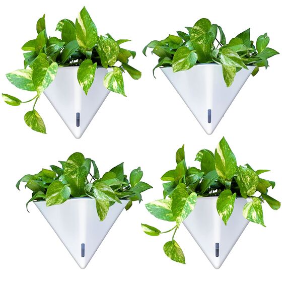 LaLaGreen Wand-Pflanzgefäße für Zimmerpflanzen – 4 Stück, 30.5 cm, groß, selbstbewässernd, weiß, geometrisch, hängende Blumenvase, Gefäß mit Metallaufhänger, Sukkulenten-Topflappen, Dekor