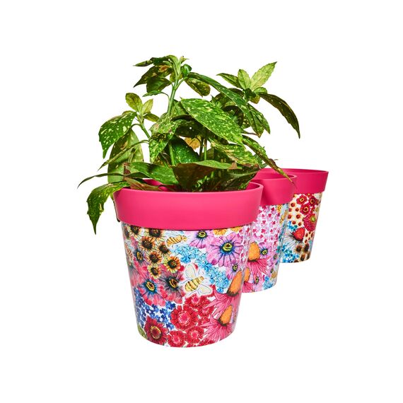 Hum Flowerpots, 22 cm, 3er-Set, in Verschiedenen Farben und Mustern, Blumentöpfe aus Kunststoff für Drinnen und Draußen, Rosa Blumen und Bienen
