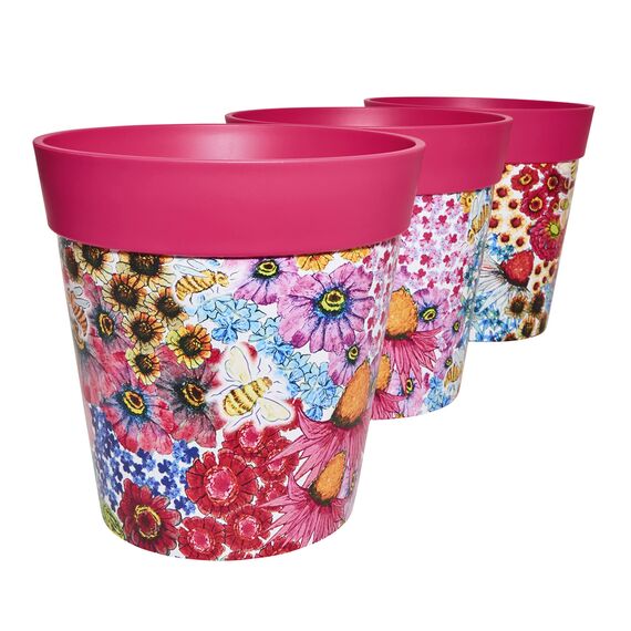 Hum Flowerpots, 22 cm, 3er-Set, in Verschiedenen Farben und Mustern, Blumentöpfe aus Kunststoff für Drinnen und Draußen, Rosa Blumen und Bienen