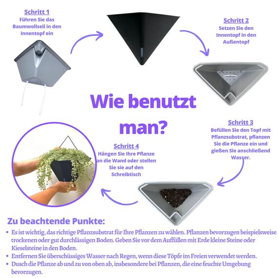 LáLáGreen Wand-Pflanzgefäße für Zimmerpflanzen – 2 Stück, 30,5 cm groß, selbstbewässernd, schwarz, geometrisch, hängende Blumenvase, Gefäß mit Metallaufhänger, modern, stilvoll, zur Wandmontage,