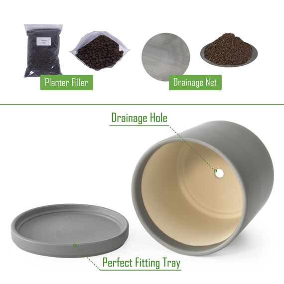 Keramik-Übertopf mit Ablaufloch und Untersetzer, Indoor Zylinder, runder Blumentopf 25,4 cm, grau, 94-O-L-3