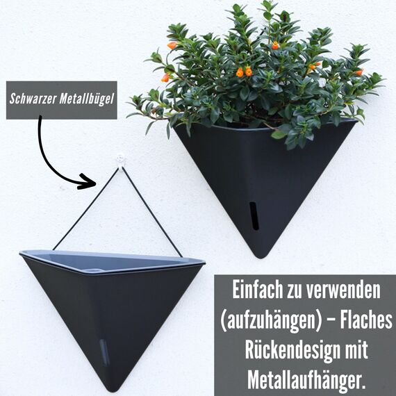 LáLáGreen Wand-Pflanzgefäße für Zimmerpflanzen – 2 Stück, 30,5 cm groß, selbstbewässernd, schwarz, geometrisch, hängende Blumenvase, Gefäß mit Metallaufhänger, modern, stilvoll, zur Wandmontage,
