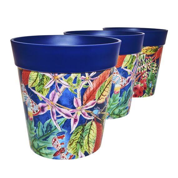 Hum Flowerpots, 22 cm, 3er-Set, in Verschiedenen Farben und Mustern, Blumentöpfe aus Kunststoff für Drinnen und Draußen, Blaue Blätter