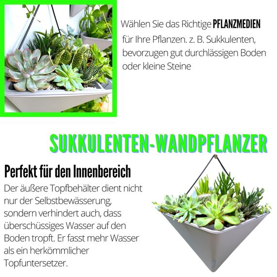 LaLaGreen Wand-Pflanzgefäße für Zimmerpflanzen – 4 Stück, 30.5 cm, groß, selbstbewässernd, grau, geometrisch, hängende Blumenvase, Gefäß mit Metallaufhänger, Sukkulenten-Topflappen, Dekor
