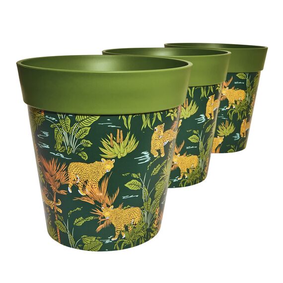 Hum Flowerpots, 22 cm, 3er-Set, in Verschiedenen Farben und Mustern, Blumentöpfe aus Kunststoff für Drinnen und Draußen, Grüner Dschungel