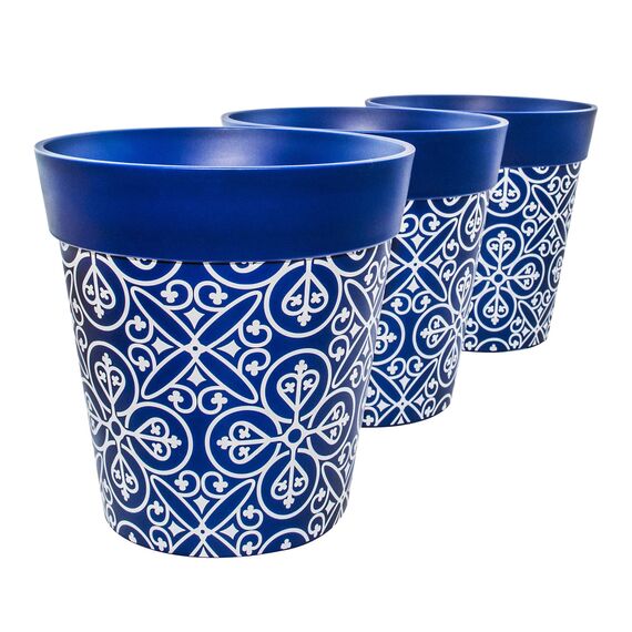Hum Flowerpots, 22 cm, 3er-Set, in Verschiedenen Farben und Mustern, Blumentöpfe aus Kunststoff für Drinnen und Draußen, Blau Marokkanisch