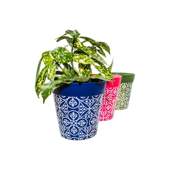Hum Flowerpots, 22 cm, 3er-Set, in Verschiedenen Farben und Mustern, Blumentöpfe aus Kunststoff für Drinnen und Draußen, Mehrfarbig Marokkanisch
