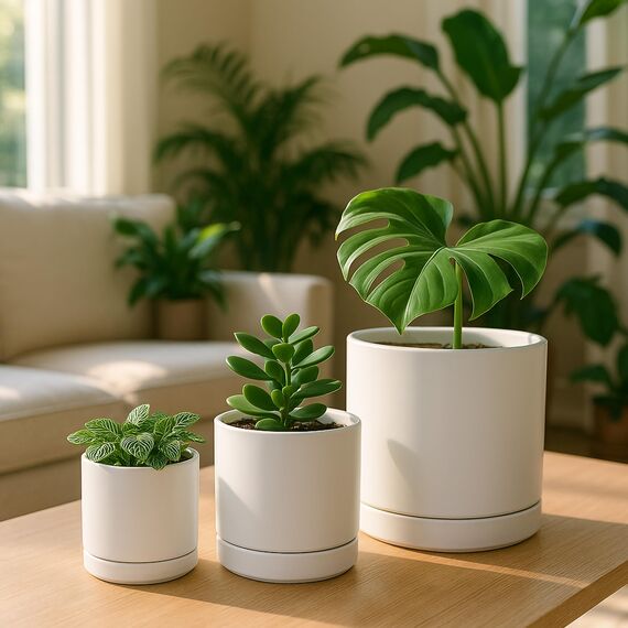 D'vine Dev 94-T-S-1 Runde Keramik-Pflanztöpfe mit Ablaufloch und Untersetzer, 7,6 cm, 10,2 cm und 15,2 cm, 3 Stück