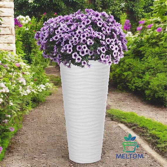 MELTOM Blumentopf Welle Slim Blumenkübel Rund Einsatz Pflanzgefäß 3D Effekt in Weiß Set 3: XL XXL 3XL