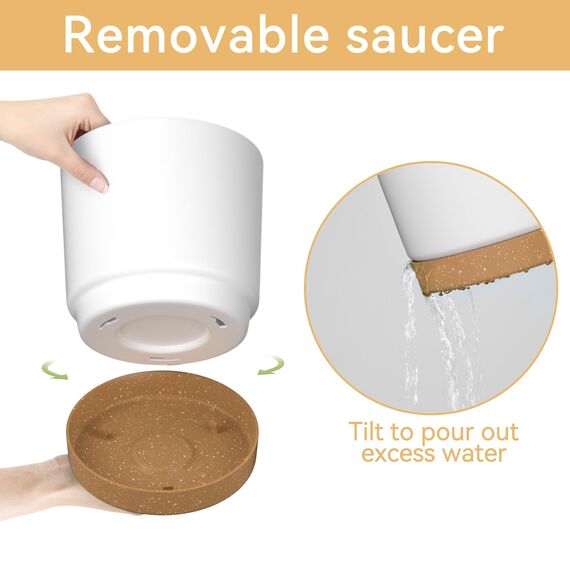 ZMTECH 16,5 und 20,3 cm Blumentopf, 4 Stück selbstwässernder Kunststoff-Pflanztopf mit Untersetzern, Tabletts und Drainageloch, moderner dekorativer Blumentopf, Pflanzbehälter für drinnen und draußen,