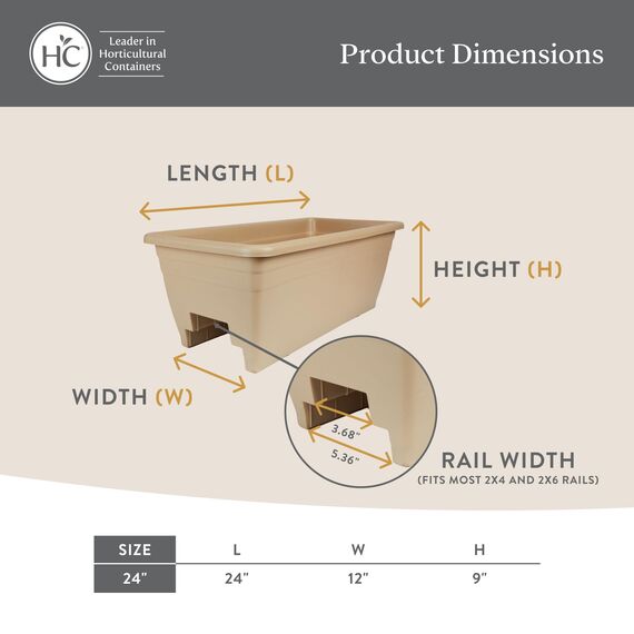 The HC Companies Pflanzkasten für Deckgeländer mit abnehmbaren Ablaufstopfen, Leichter und wetterfester Kunststoff-Blumenkasten, Balkon-Pflanzgefäße für Geländer und Zaun (61 cm, Ton)