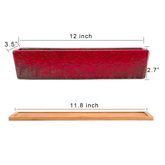 ARTKETTY Sukkulententöpfe, Lange rechteckige Sukkulenten-Übertöpfe mit Drainage-Bambusschalen, aus Keramik, Flacher Bonsai-Fensterkasten, Hausgartendekoration, 30,5 cm, Rot