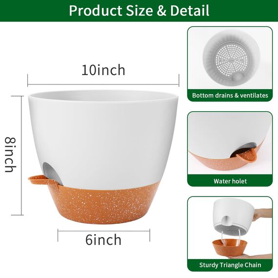 GARDIFE Selbstbewässernde Blumentöpfe, 25,4 cm, 2 Stück, große Kunststoff-Pflanzgefäße mit tiefem Reservior und hohen Drainagelöchern für Innen- und Außenbereich, Pflanzen und Blumen, Weiß