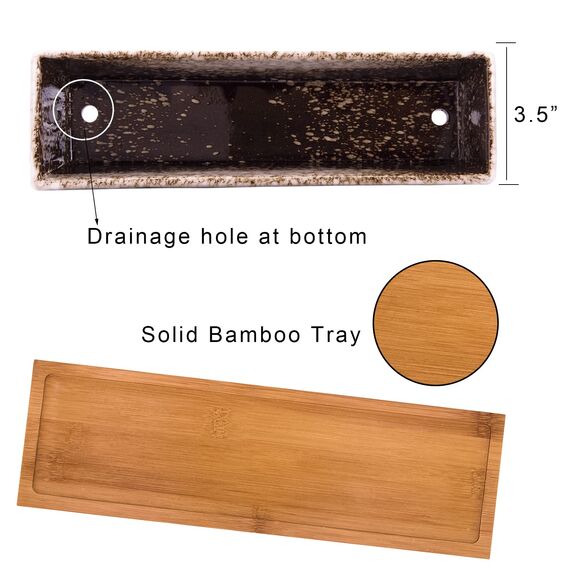 Sukkulenten-Blumentöpfe, 30 cm lang, rechteckig, Sukkulenten-Blumentöpfe mit Drainage, Bambusschalen, große Keramik-Kaktus-Blumenpflanzen für Innen- und Außenpflanzen, Heimdekoration, Weiß