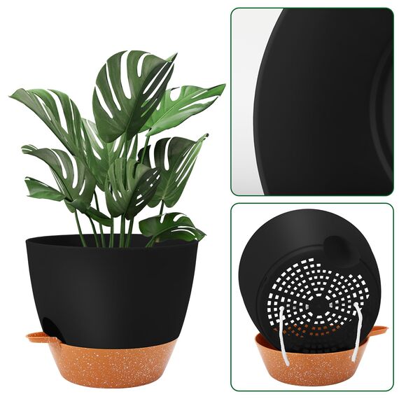 GARDIFE 25,4 cm große Blumentöpfe, selbstbewässernde Töpfe, große Kunststoff-Pflanzgefäße mit tiefem Reservior und hohen Drainagelöchern für Innen- und Außenbereich, Pflanzen und Blumen, schwarz