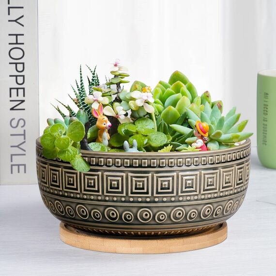 G EPGardening 20,3 cm große Keramik-Sukkulenten-Übertöpfe, rund, flach, Bonsai-Pflanztopf für Zimmerpflanzen mit Drainage und Bambus-Untersetzer, Grau