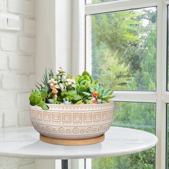 G EPGardening 20,5 cm Keramik-Sukkulenten-Übertöpfe, rund, flach, Bonsai-Pflanztopf für Zimmerpflanzen mit Drainage und Bambus-Untersetzer, Weiß