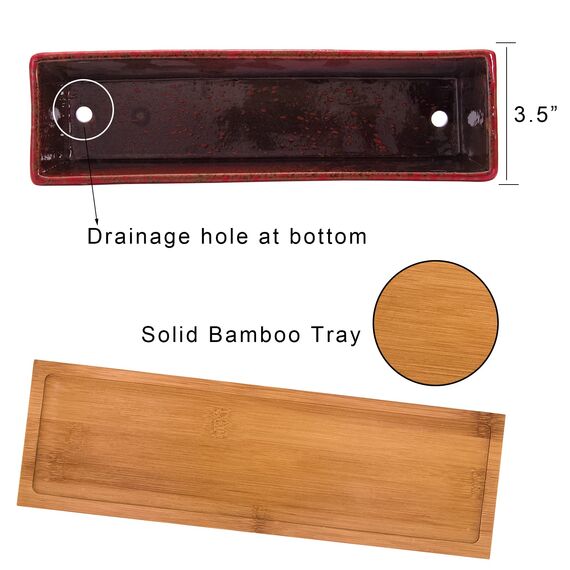 ARTKETTY Sukkulententöpfe, Lange rechteckige Sukkulenten-Übertöpfe mit Drainage-Bambusschalen, aus Keramik, Flacher Bonsai-Fensterkasten, Hausgartendekoration, 30,5 cm, Rot