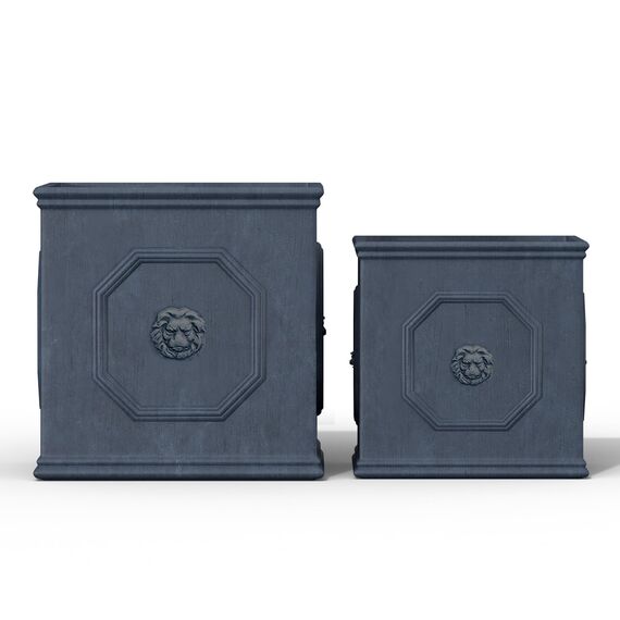 Kante Quadratischer Pflanzkübel aus Beton mit Löwenkopf, 2er-Set, 25,4 und 32,8 cm, großer Blumentopf mit Drianage, moderner englischer Stil, Dekoration für Zuhause, Terrasse, Garten, Antikgrau