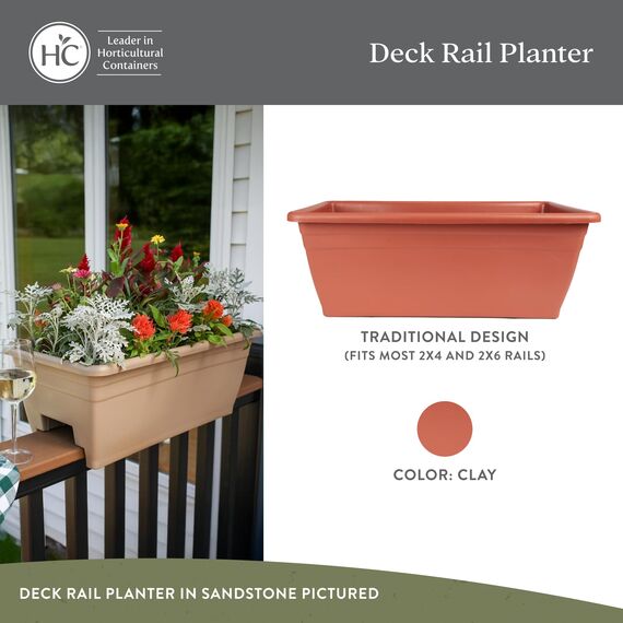 The HC Companies Pflanzkasten für Deckgeländer mit abnehmbaren Ablaufstopfen, Leichter und wetterfester Kunststoff-Blumenkasten, Balkon-Pflanzgefäße für Geländer und Zaun (61 cm, Ton)
