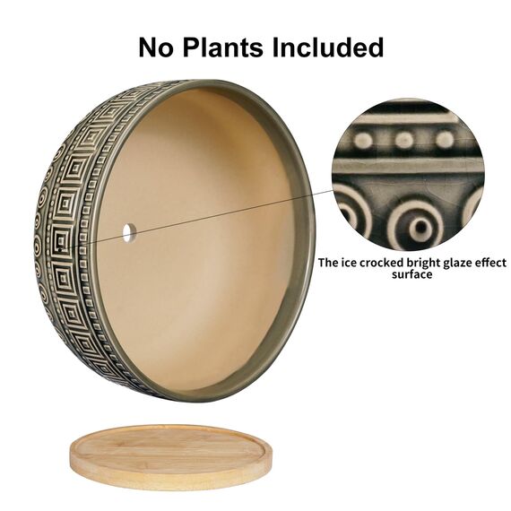 G EPGardening 20,3 cm große Keramik-Sukkulenten-Übertöpfe, rund, flach, Bonsai-Pflanztopf für Zimmerpflanzen mit Drainage und Bambus-Untersetzer, Grau