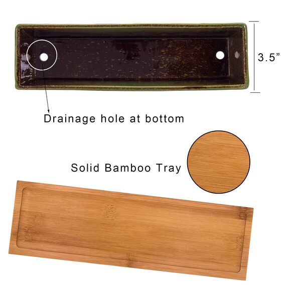 Sukkulenten-Blumentöpfe, 30 cm lang, rechteckig, Sukkulenten-Blumentöpfe mit Drainage, Bambusschalen, große Keramik-Kaktus-Blumenpflanzen für Innen- und Außenpflanzen, Heimdekoration, Grün