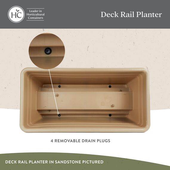 The HC Companies Pflanzkasten für Deckgeländer mit abnehmbaren Ablaufstopfen, Leichter und wetterfester Kunststoff-Blumenkasten, Balkon-Pflanzgefäße für Geländer und Zaun (61 cm, Ton)