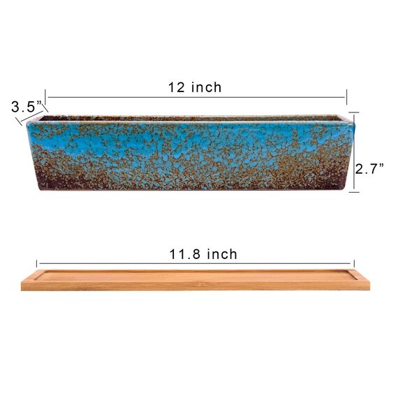 Sukkulenten-Blumentöpfe, 30 cm lang, rechteckig, Sukkulenten-Blumentöpfe mit Drainage, Bambusschalen, große Keramik-Kaktus-Blumenpflanzen für Innen- und Außenpflanzen, Heimdekoration, Blau