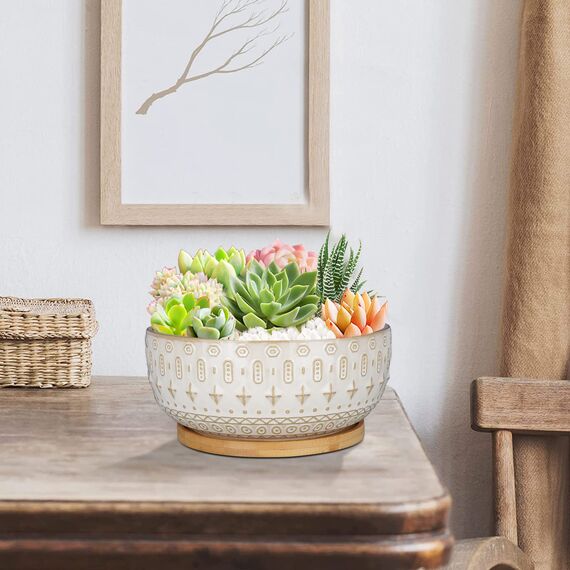 Fivepot Keramiktöpfe für Sukkulenten mit Abflussloch, Blumentopf für Zimmerpflanzen, runde Flache Bonsaischale mit Bambustablett, 20,3 cm, Weiß