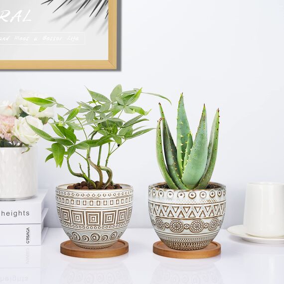 G EPGardening 14 cm großer runder Sukkulenten-Übertopf aus Keramik, für drinnen und draußen, Braun, 2 Stück