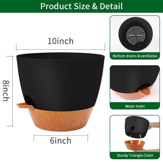 GARDIFE 25,4 cm große Blumentöpfe, selbstbewässernde Töpfe, große Kunststoff-Pflanzgefäße mit tiefem Reservior und hohen Drainagelöchern für Innen- und Außenbereich, Pflanzen und Blumen, schwarz