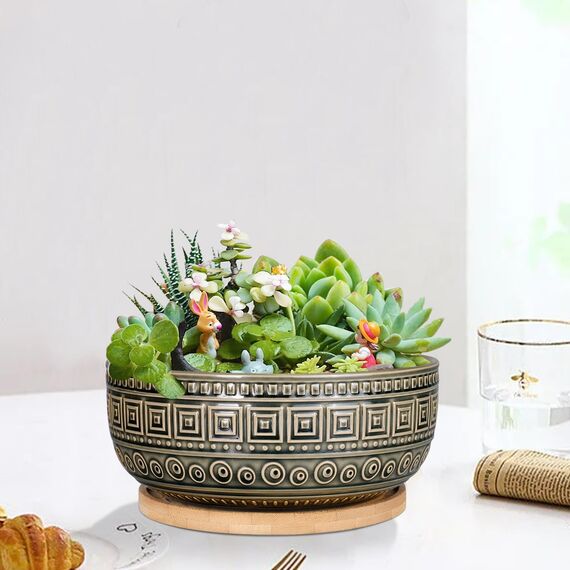 G EPGardening 20,3 cm große Keramik-Sukkulenten-Übertöpfe, rund, flach, Bonsai-Pflanztopf für Zimmerpflanzen mit Drainage und Bambus-Untersetzer, Grau