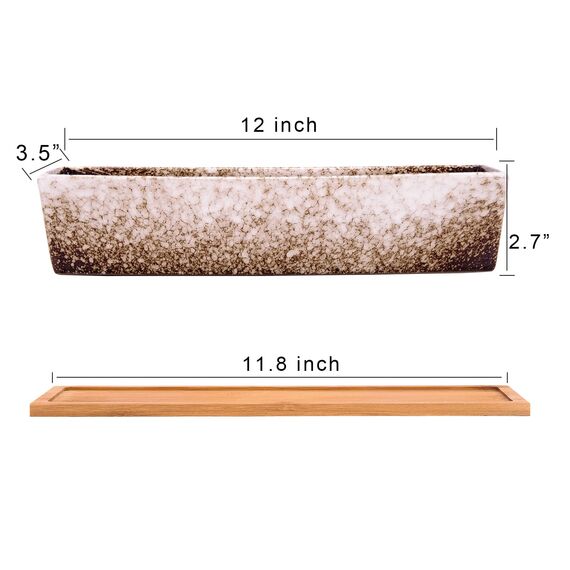 Sukkulenten-Blumentöpfe, 30 cm lang, rechteckig, Sukkulenten-Blumentöpfe mit Drainage, Bambusschalen, große Keramik-Kaktus-Blumenpflanzen für Innen- und Außenpflanzen, Heimdekoration, Weiß